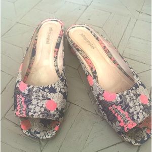 Jefffey Campbell Mule Slides-blue, bright pink, silver floral jacquard